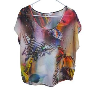 Boston Proper  Whimsical Fairygrunge Womens size 10 Bling Butterfly Sheer Top